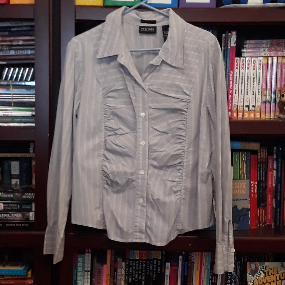 Ruched Front Long-Sleeve Pinstripe Button-Down